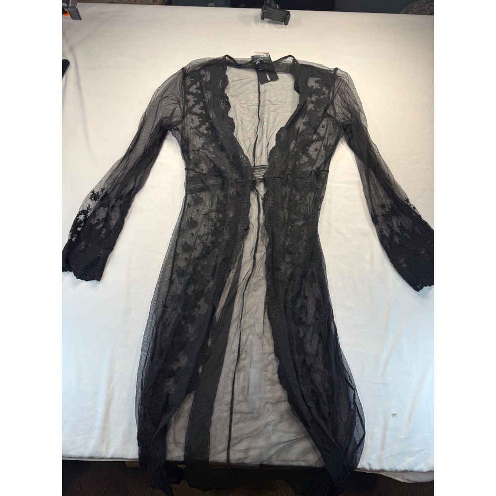 Fashion Nova Women 2X Black Sheer Mesh Embroidered Lace Duster Cardigan Long NWT